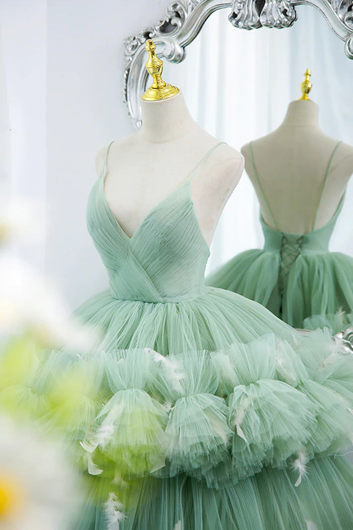 Green Tulle Long A-Line Prom Dress, Green V-Neck Formal Evening Gown WLD0325