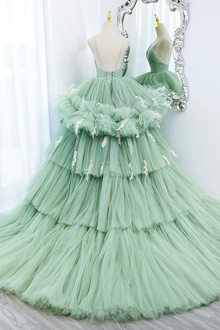 Green Tulle Long A-Line Prom Dress, Green V-Neck Formal Evening Gown WLD0325