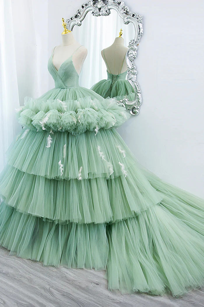 Green Tulle Long A-Line Prom Dress, Green V-Neck Formal Evening Gown WLD0325